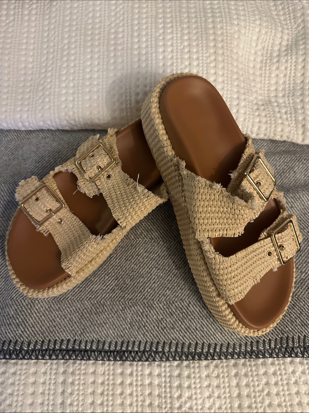 Woven Double-Buckle Slide Sandals